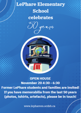 An invitation with a Lighthouse announcing the school's Open House